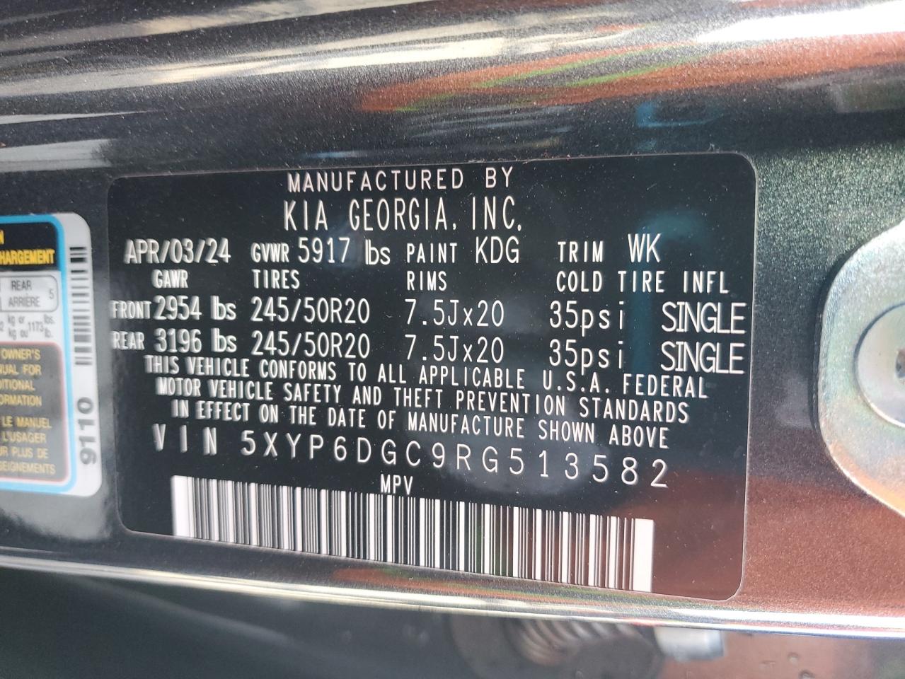 2024 KIA TELLURIDE S VIN:5XYP6DGC9RG513582