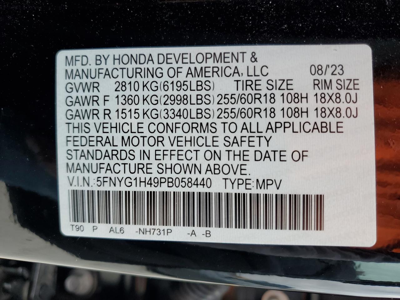 2023 HONDA PILOT EXL VIN:5FNYG1H49PB058440