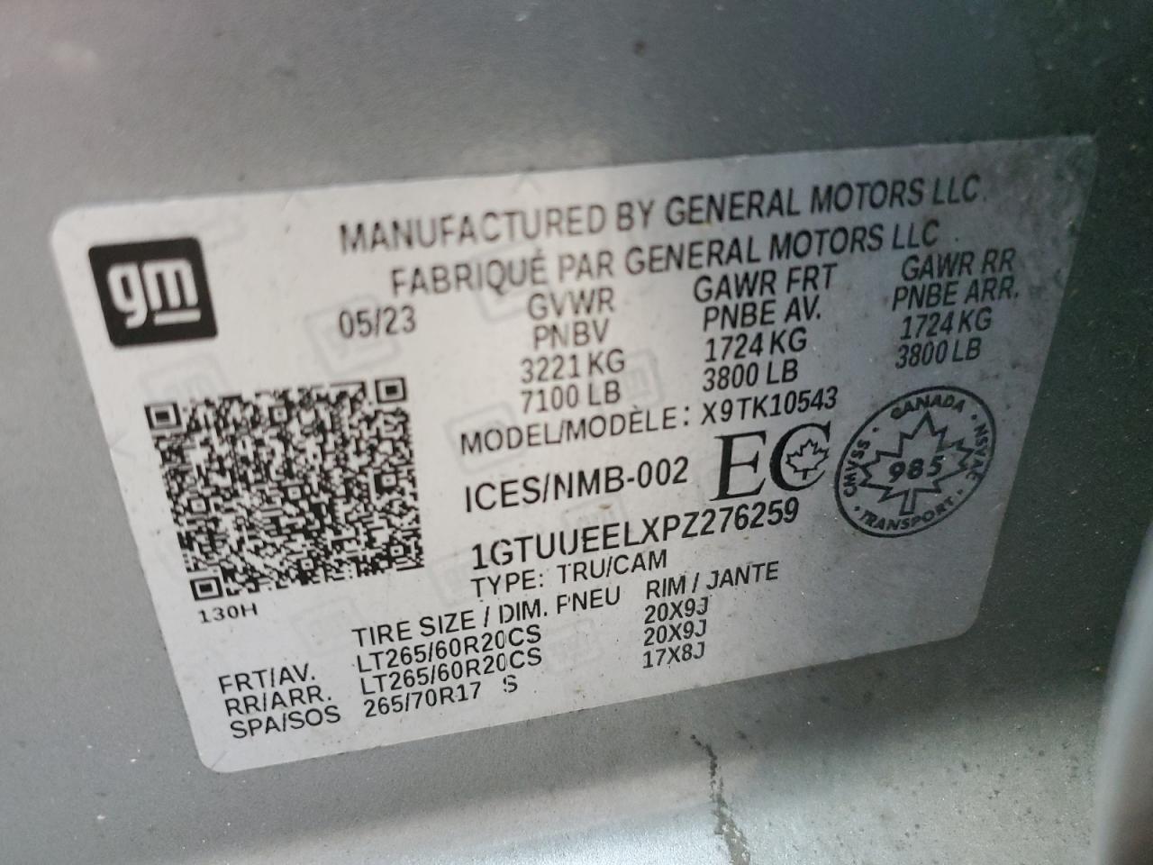 2023 GMC SIERRA K1500 AT4 VIN:1GTUUEELXPZ276259