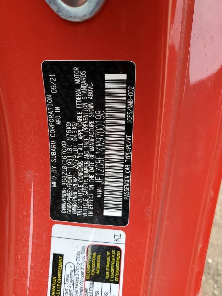 2022 SUBARU BRZ LIMITED VIN:JF1ZDBE14N9700198