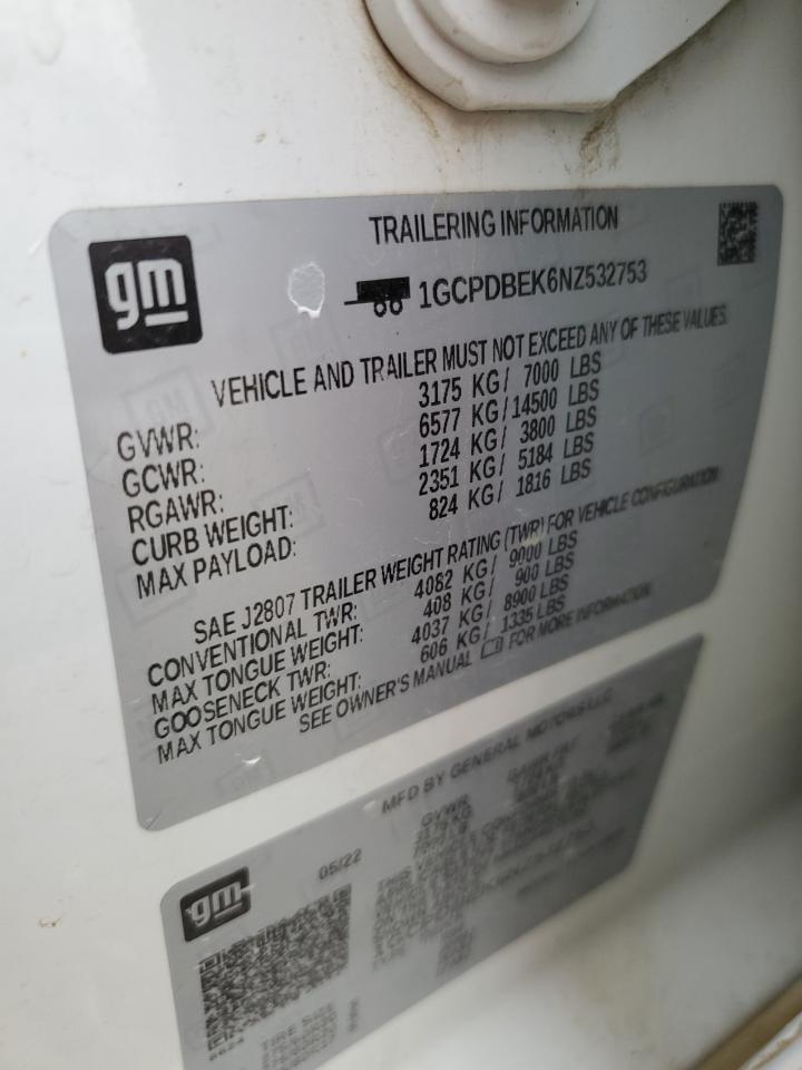 2022 CHEVROLET SILVERADO K1500 CUSTOM VIN:1GCPDBEK6NZ532753