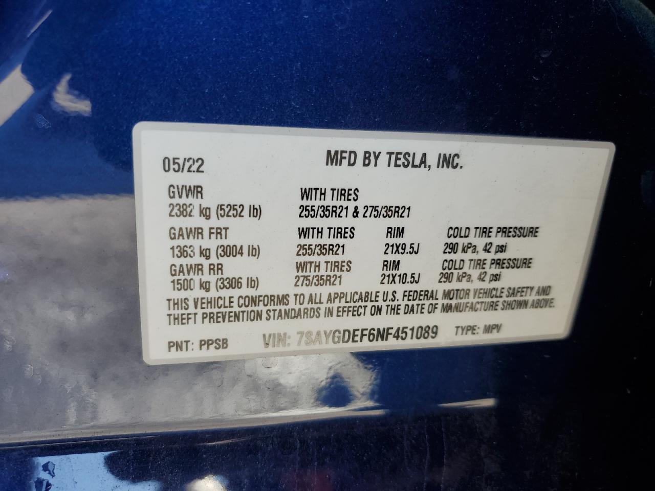 2022 TESLA MODEL Y VIN:7SAYGDEF6NF451089