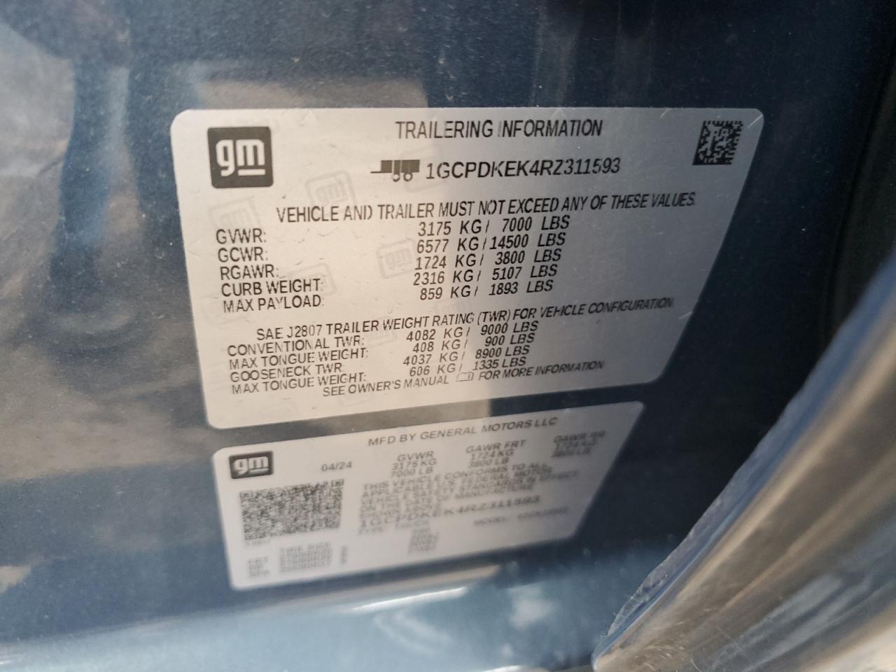 2024 CHEVROLET SILVERADO K1500 LT-L VIN:1GCPDKEK4RZ311593