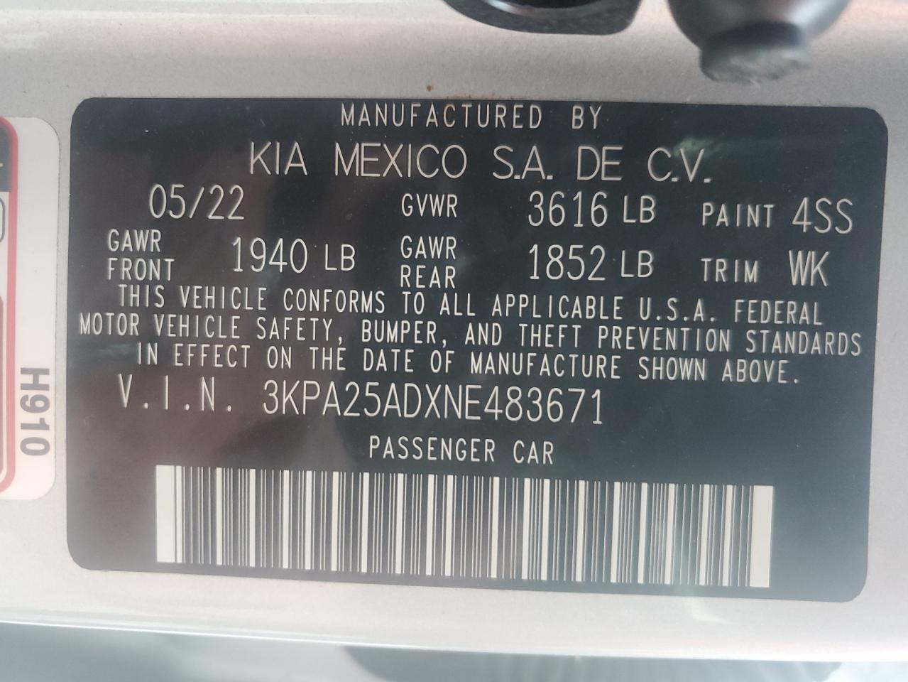 2022 KIA RIO S VIN:3KPA25ADXNE483671