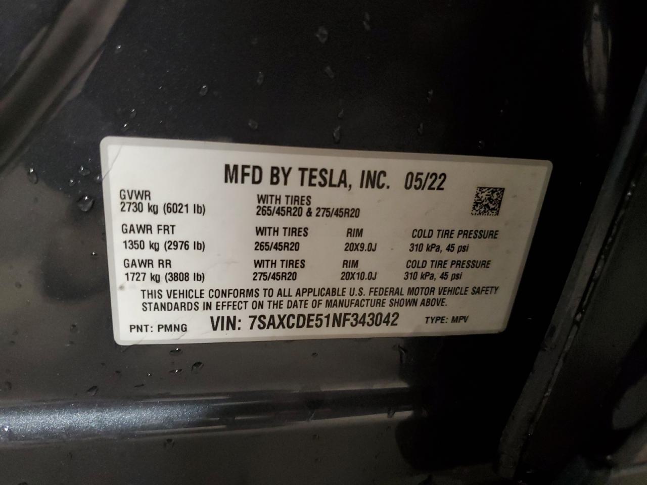 2022 TESLA MODEL X VIN:7SAXCDE51NF343042