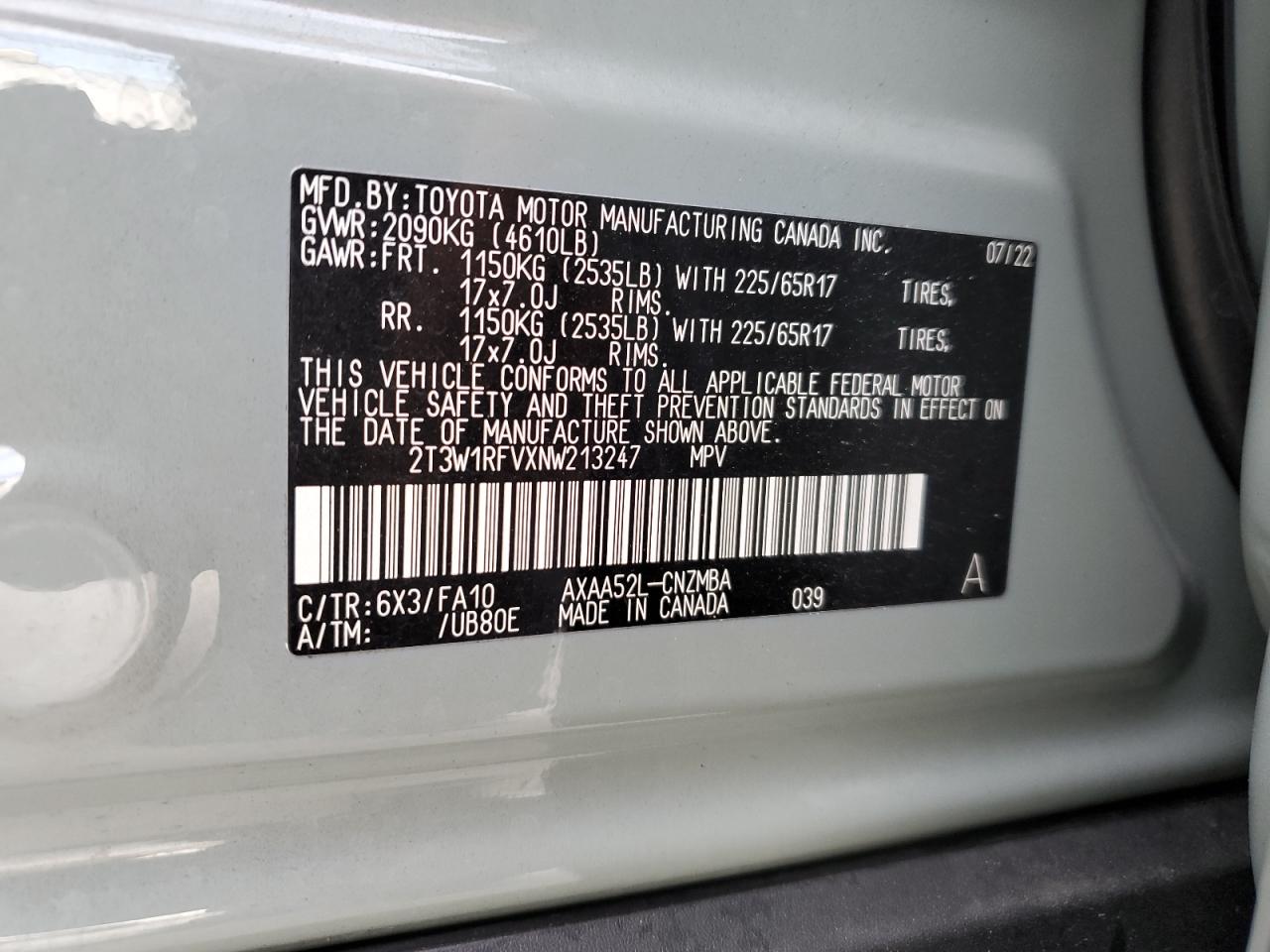 2022 TOYOTA RAV4 XLE VIN:2T3W1RFVXNW213247