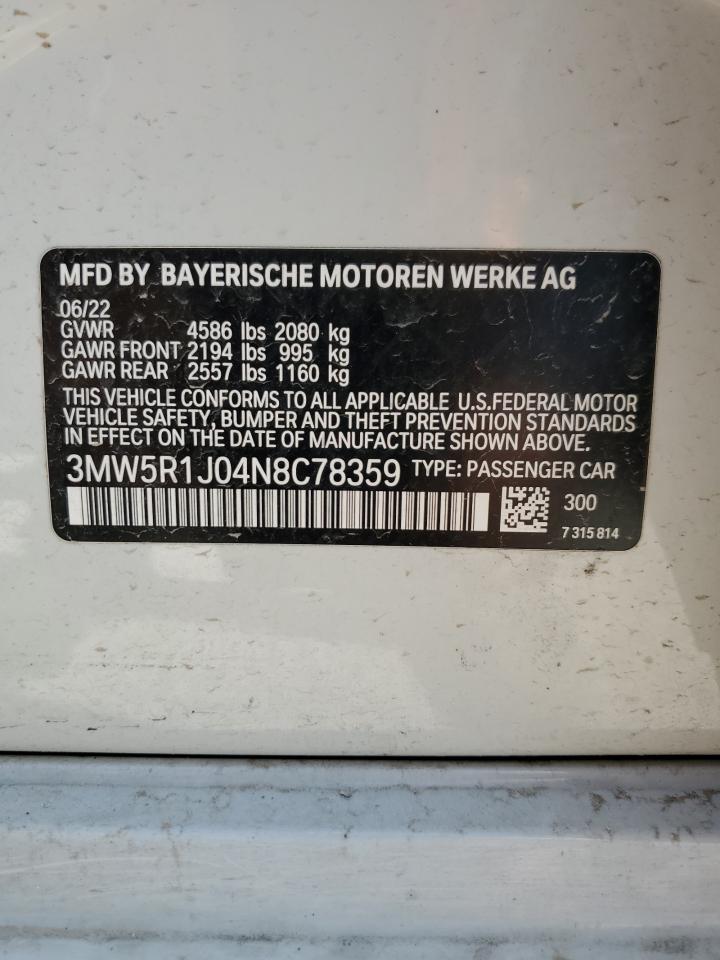 2022 BMW 330I VIN:3MW5R1J04N8C78359