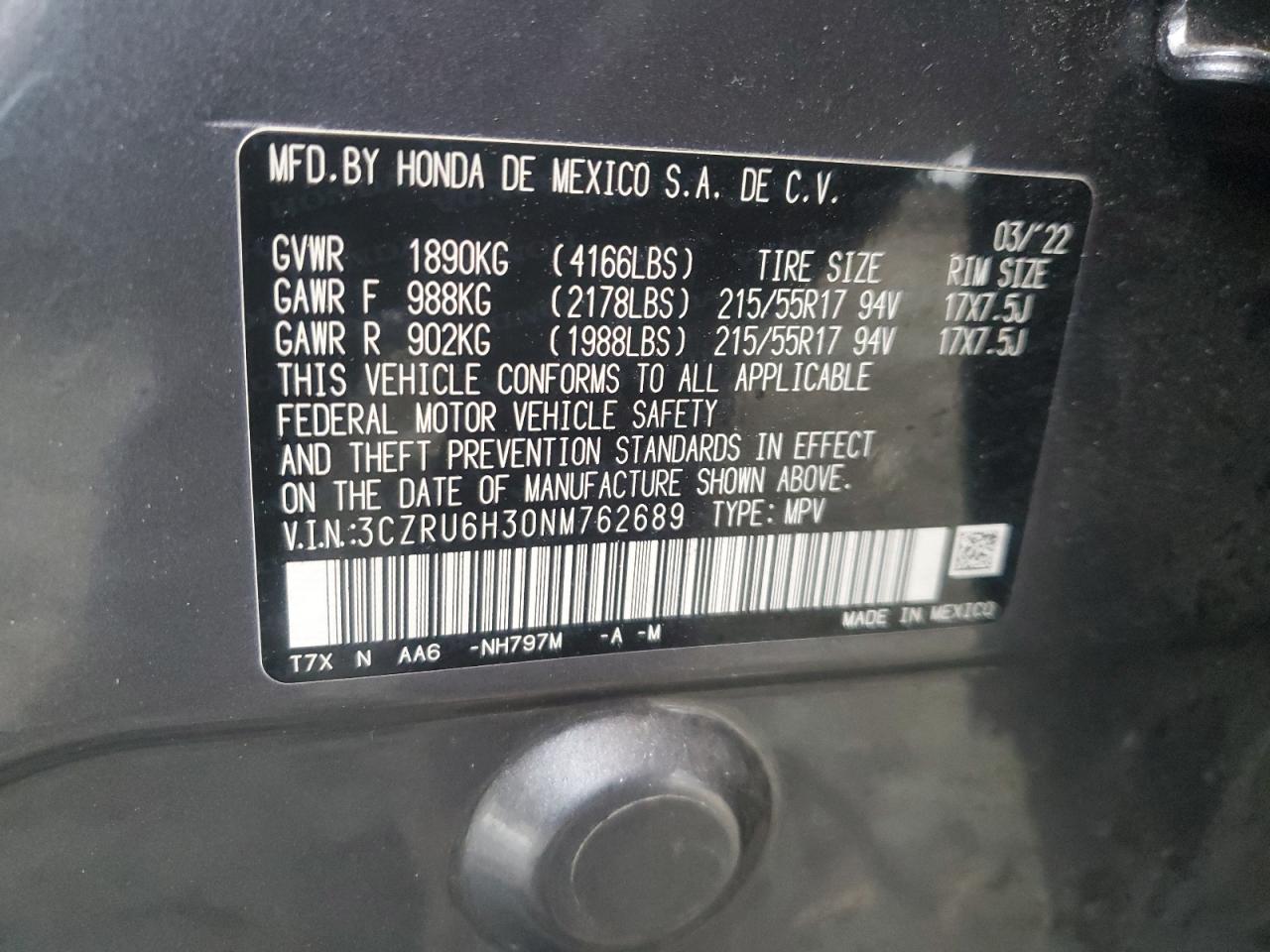 2022 HONDA HR-V LX VIN:3CZRU6H30NM762689