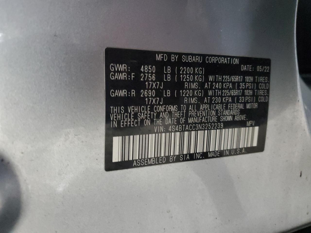 2022 SUBARU OUTBACK PREMIUM VIN:4S4BTACC3N3252239