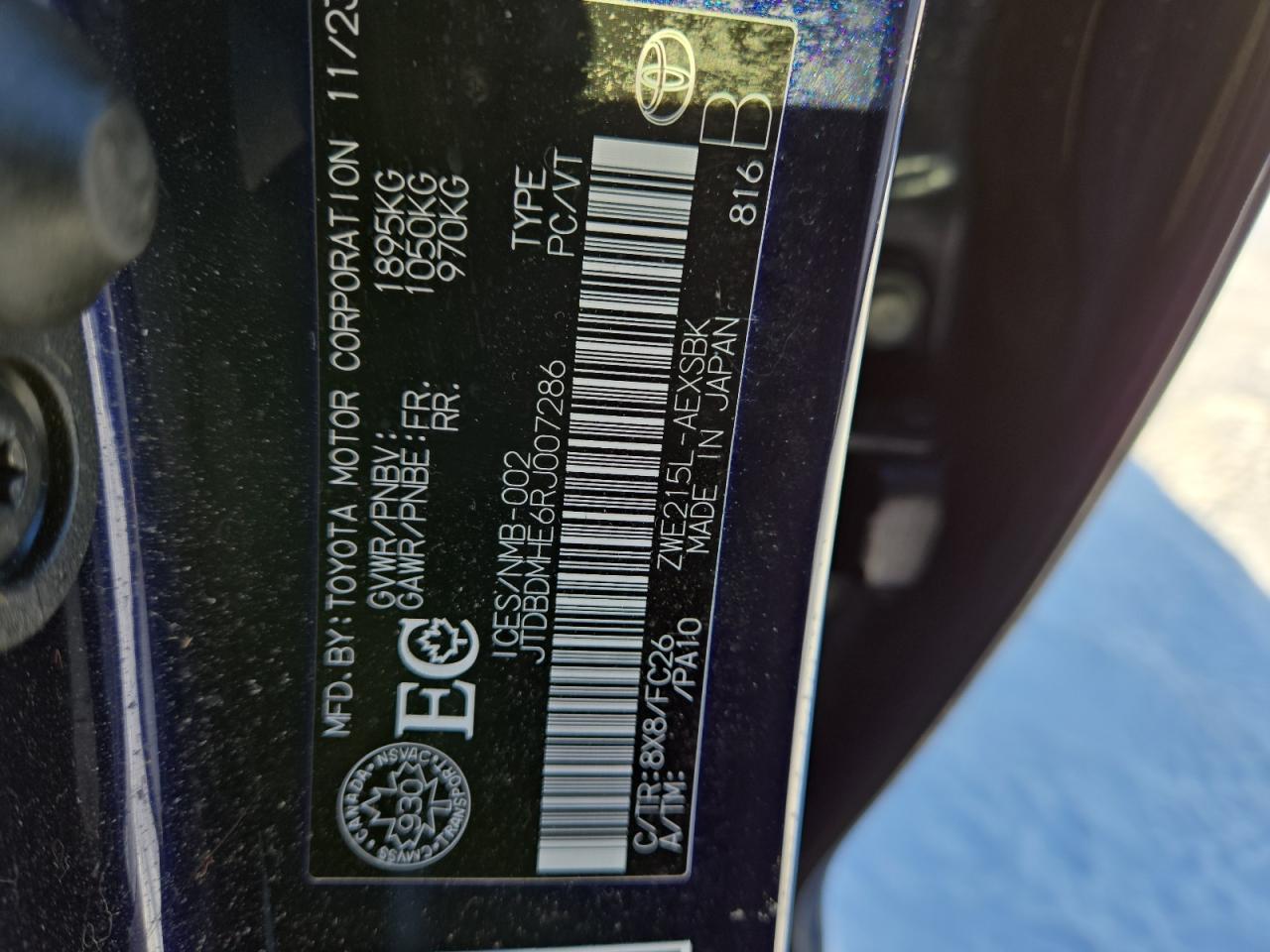 2024 TOYOTA COROLLA LE VIN:JTDBDMHE6RJ007286