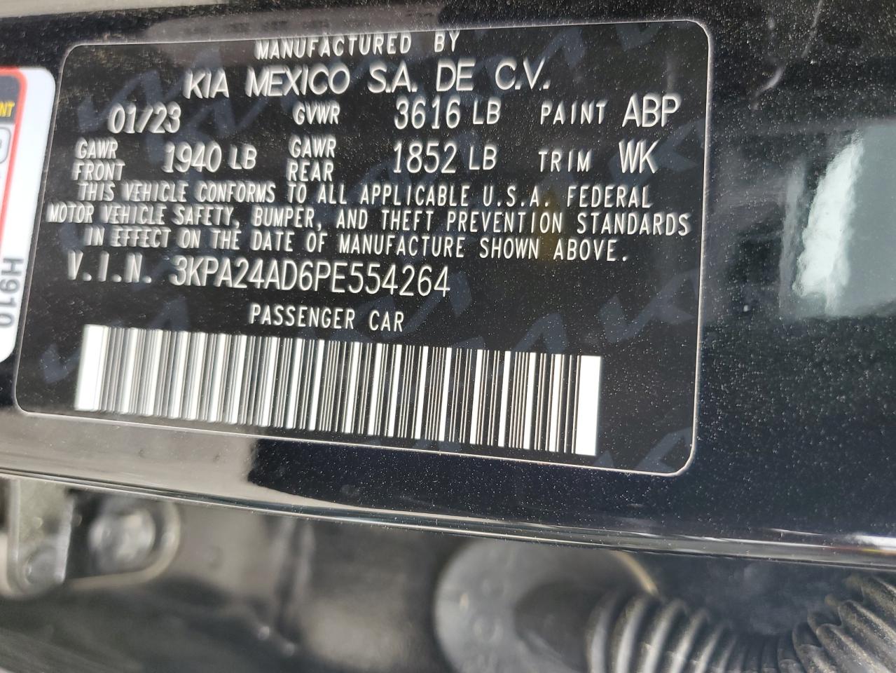 2023 KIA RIO LX VIN:3KPA24AD6PE554264