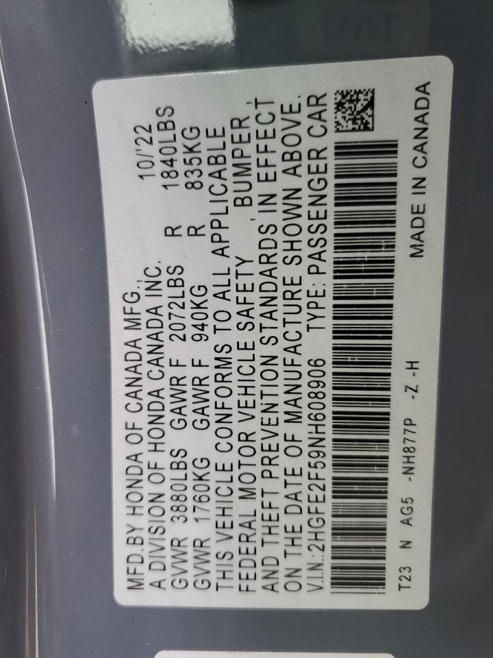2022 HONDA CIVIC SPORT VIN:2HGFE2F59NH608906