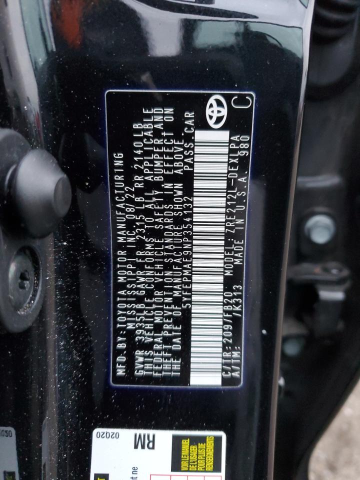 2022 TOYOTA COROLLA LE VIN:5YFEPMAE9NP354132