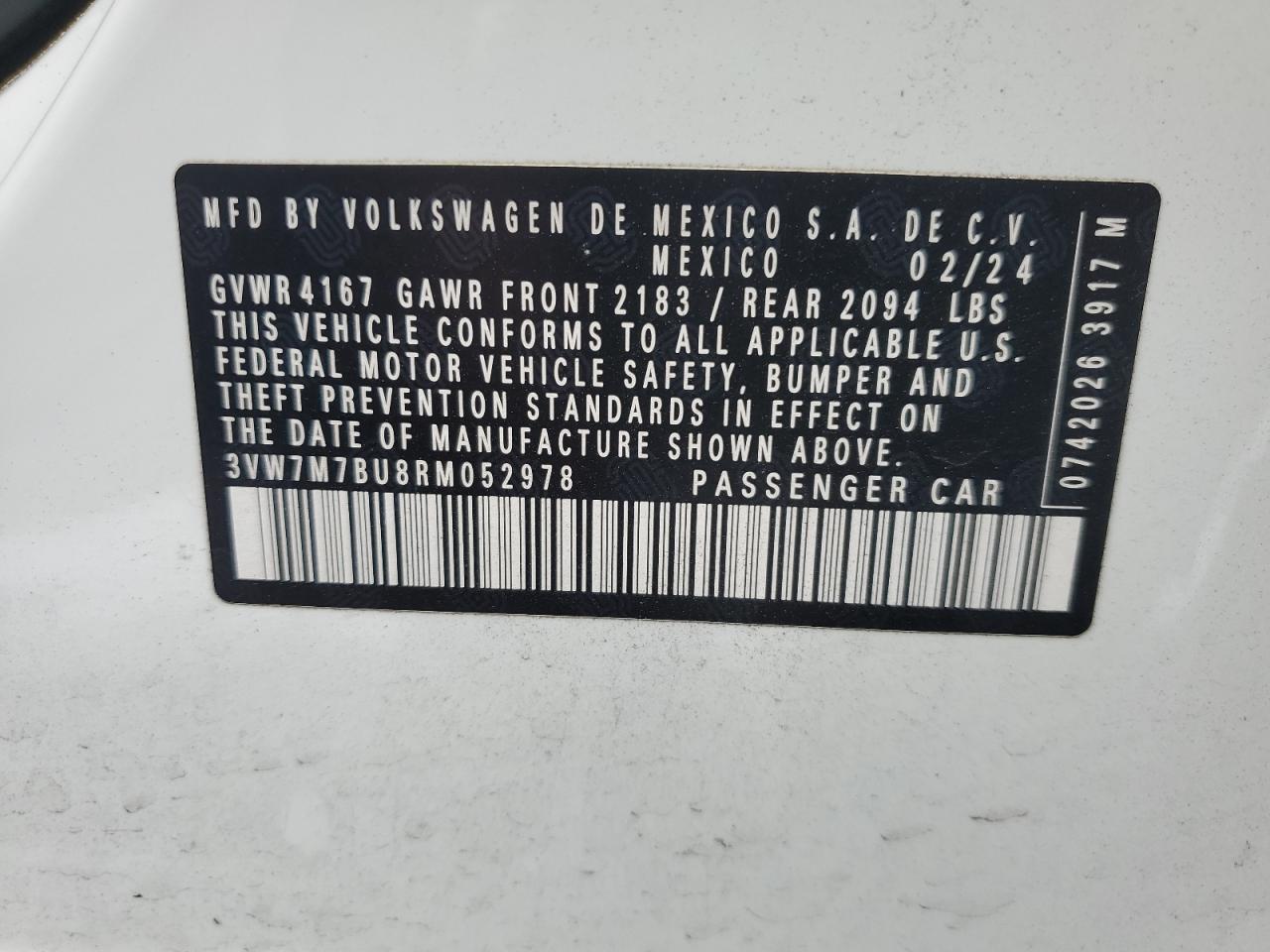2024 VOLKSWAGEN JETTA SE VIN:3VW7M7BU8RM052978