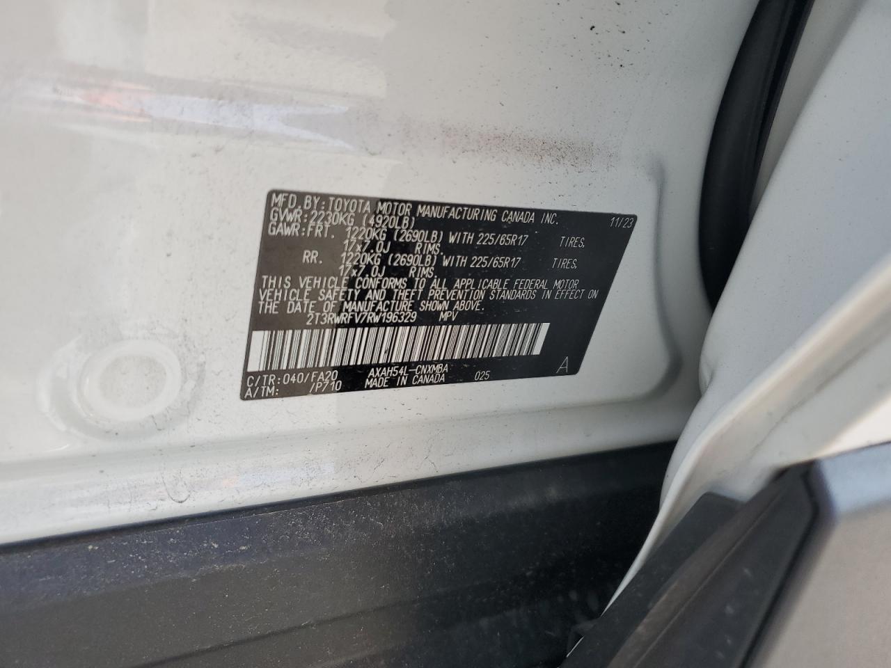 2024 TOYOTA RAV4 XLE VIN:2T3RWRFV7RW196329