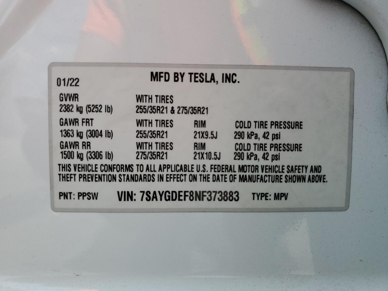 2022 TESLA MODEL Y VIN:7SAYGDEF8NF373883