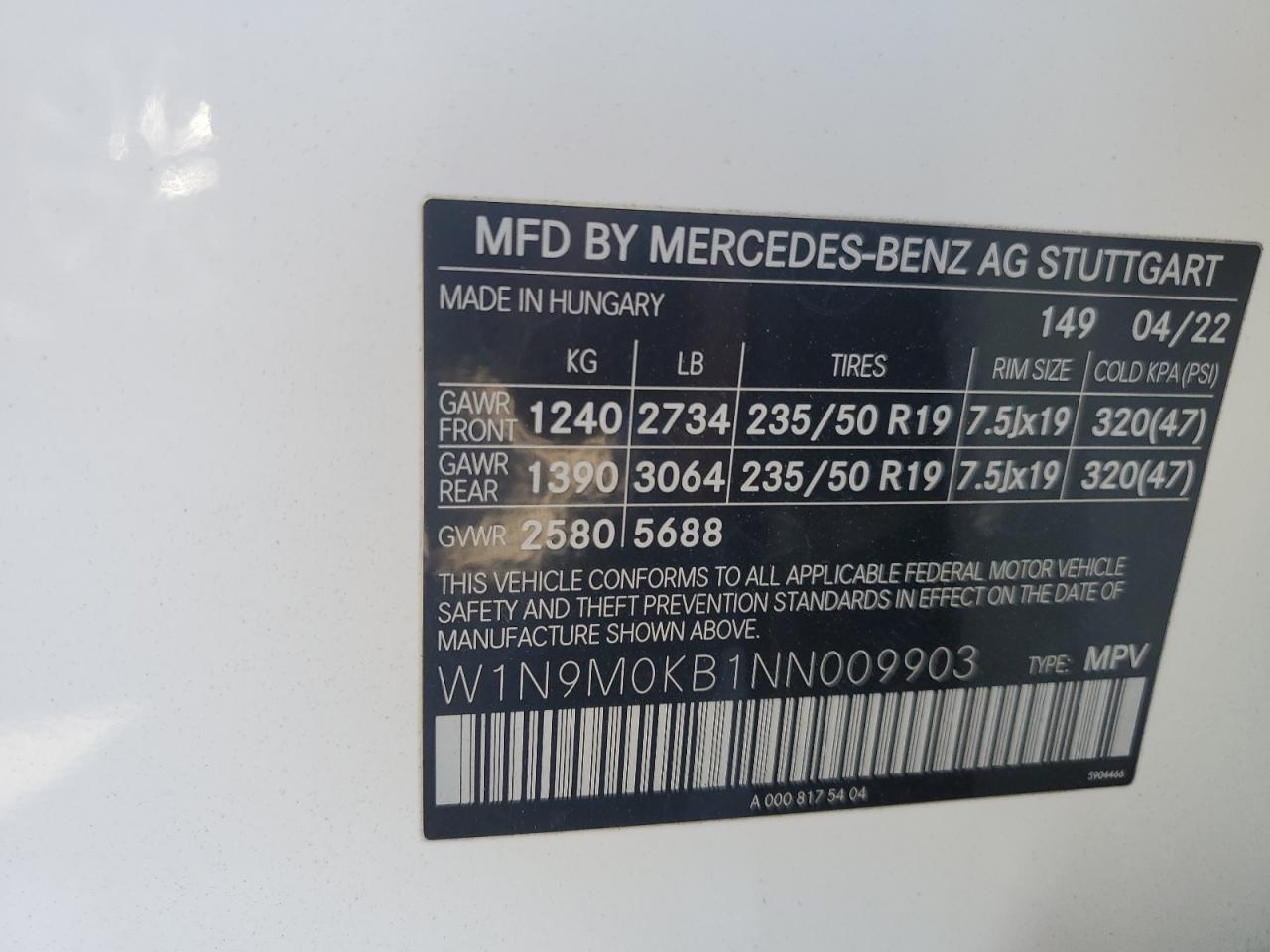 2022 MERCEDES-BENZ EQB 300 4MATIC VIN:W1N9M0KB1NN009903
