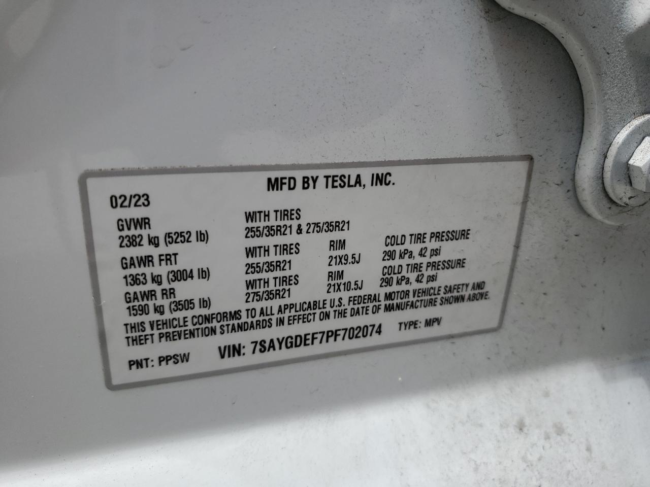 2023 TESLA MODEL Y VIN:7SAYGDEF7PF702074