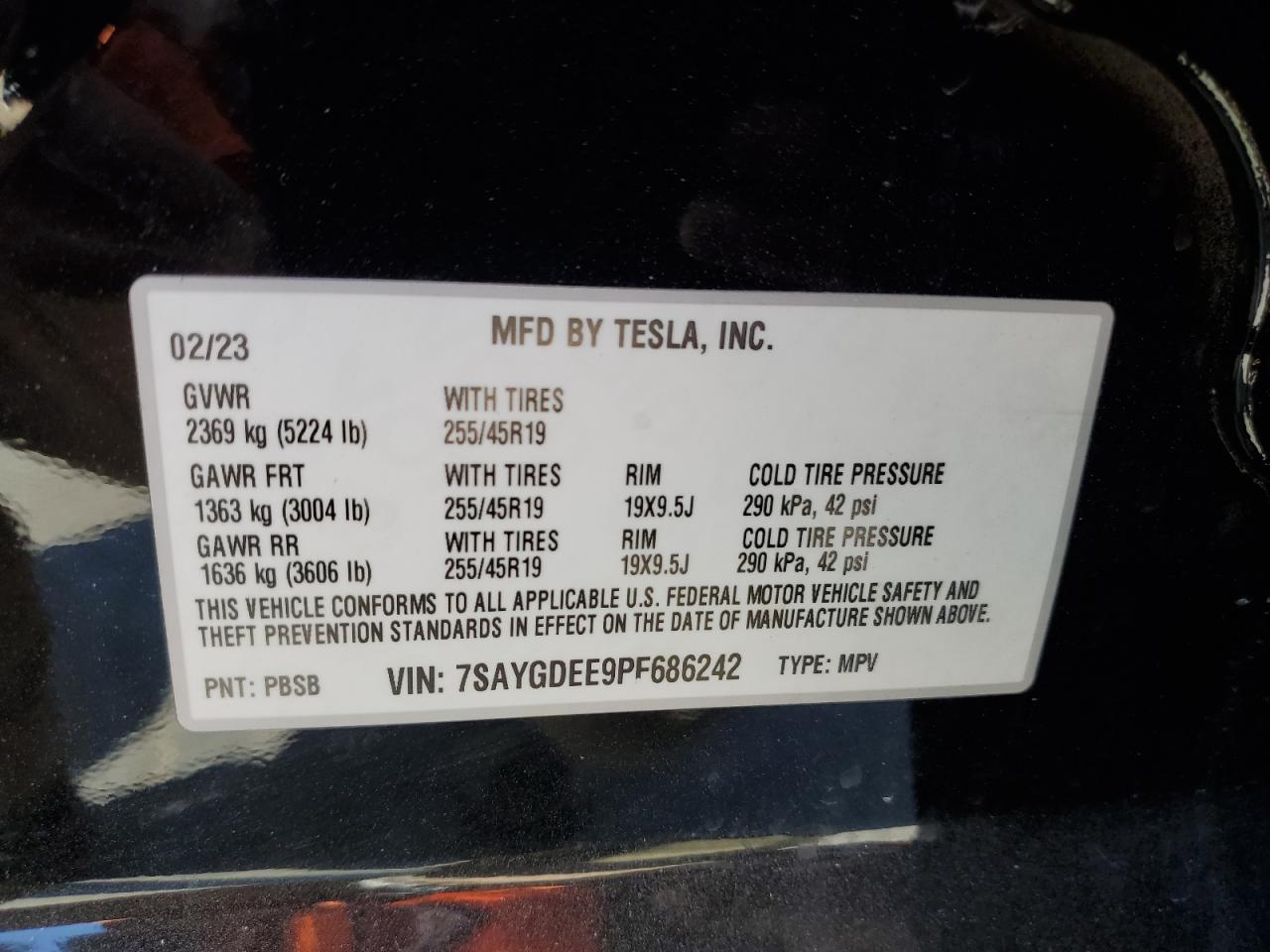 2023 TESLA MODEL Y VIN:7SAYGDEE9PF686242