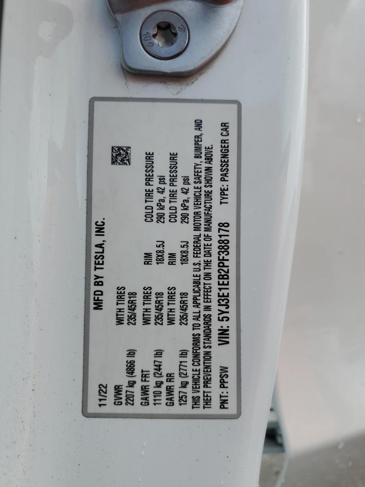 2023 TESLA MODEL 3 VIN:5YJ3E1EB2PF388178