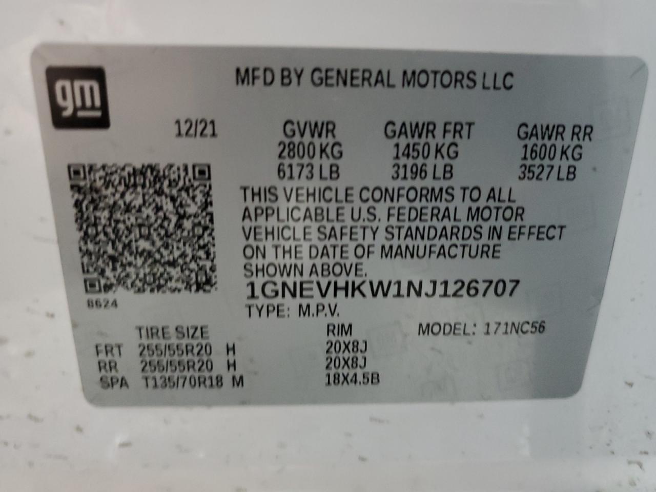 2022 CHEVROLET TRAVERSE LT VIN:1GNEVHKW1NJ126707