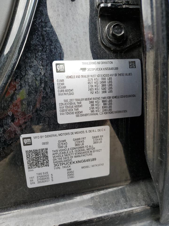 2022 GMC SIERRA K1500 ELEVATION VIN:3GTPUCEKXNG649189