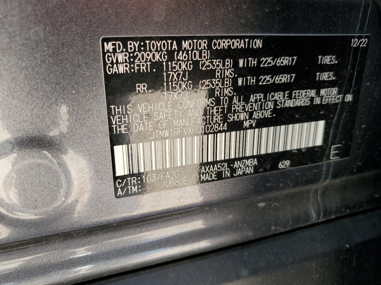 2023 TOYOTA RAV4 XLE VIN:JTMW1RFVXPD102844