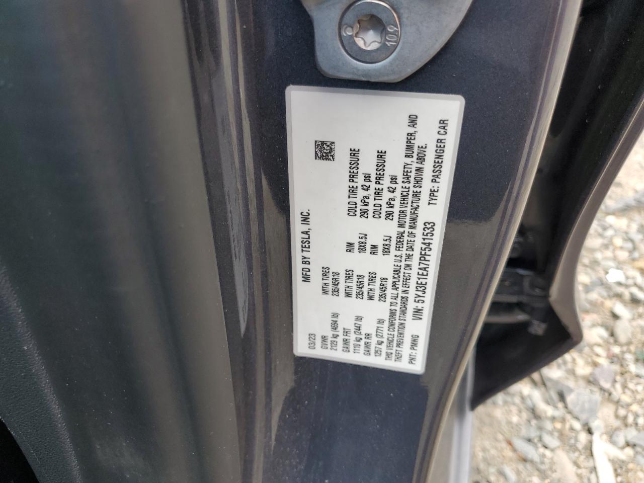 2023 TESLA MODEL 3 VIN:5YJ3E1EA7PF541533