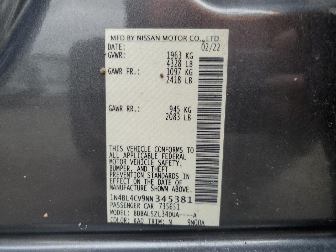 2022 NISSAN ALTIMA SR VIN:1N4BL4CV9NN345381