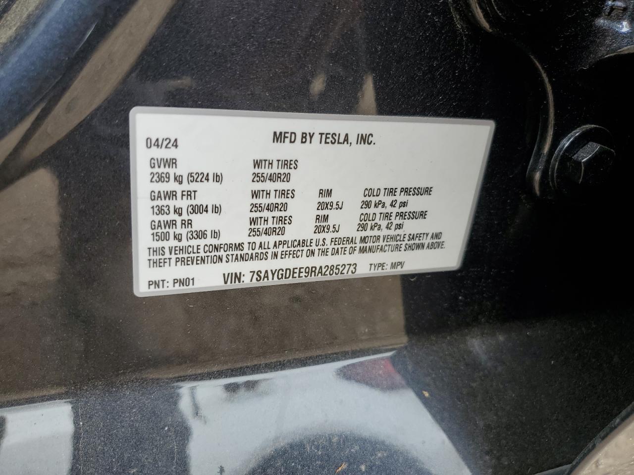 2024 TESLA MODEL Y VIN:7SAYGDEE9RA285273