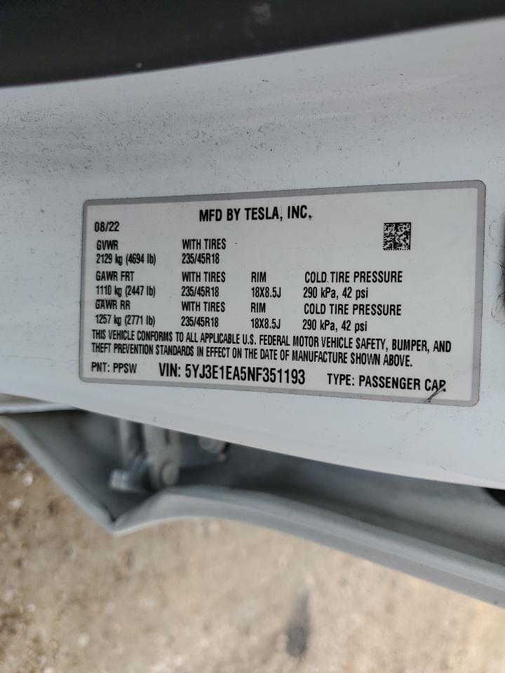 2022 TESLA MODEL 3 VIN:5YJ3E1EA5NF351193