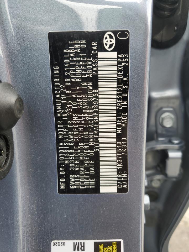 2022 TOYOTA COROLLA LE VIN:5YFEPMAE6NP389758