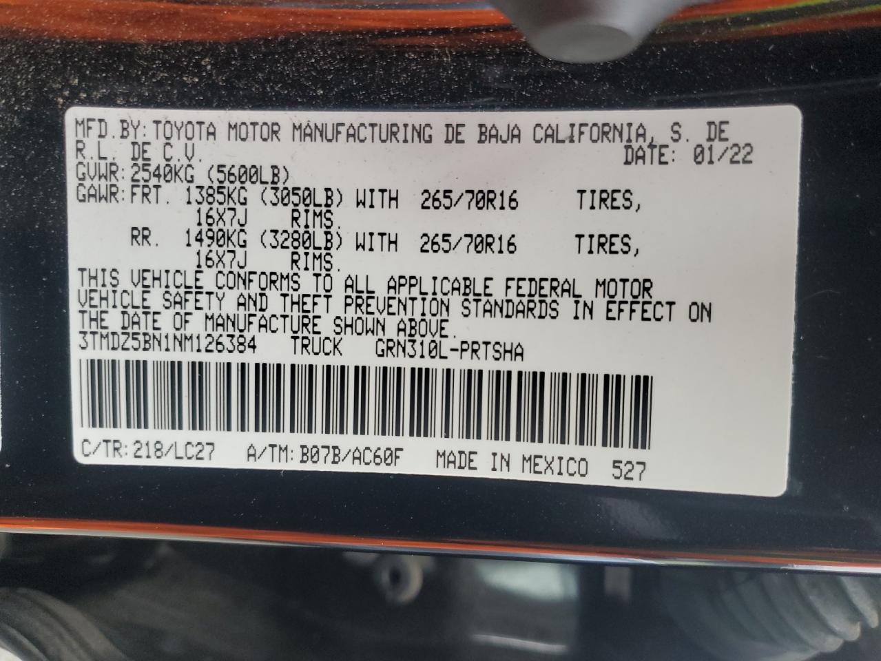 2022 TOYOTA TACOMA DOUBLE CAB VIN:3TMDZ5BN1NM126384