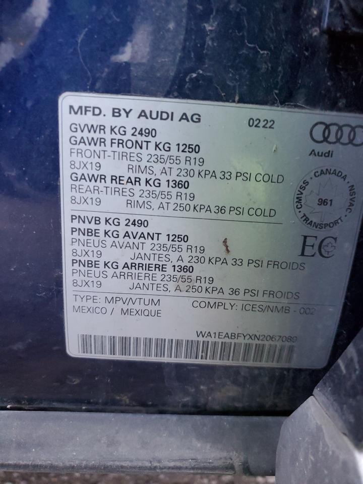2022 AUDI Q5 PREMIUM PLUS 45 VIN:WA1EABFYXN2067089