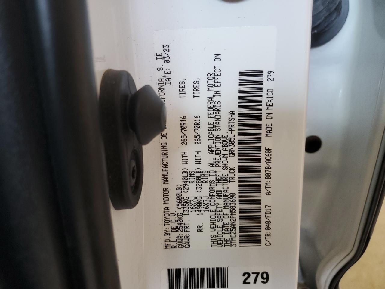 2023 TOYOTA TACOMA DOUBLE CAB VIN:3TMCZ5AN2PM583690