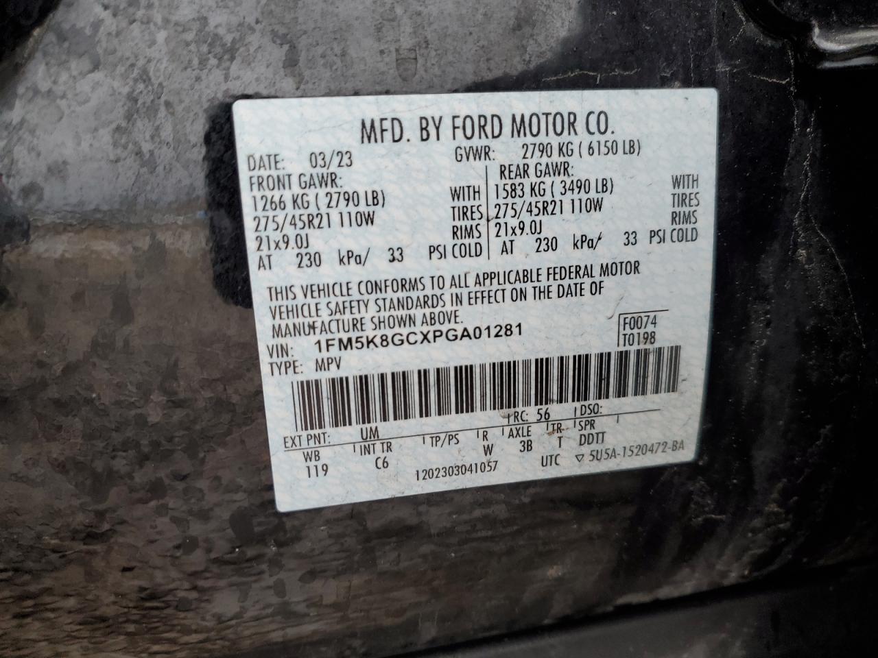 2023 FORD EXPLORER ST VIN:1FM5K8GCXPGA01281