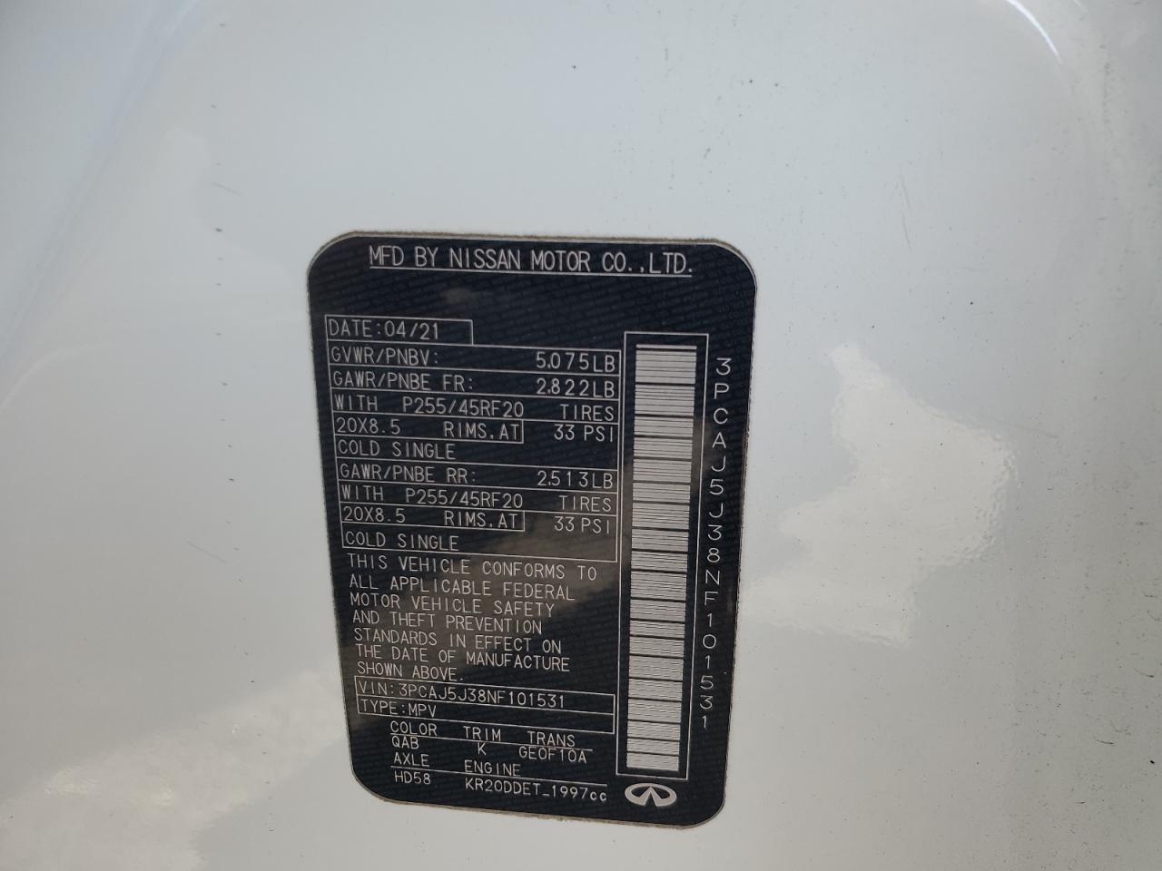 2022 INFINITI QX55 LUXE VIN:3PCAJ5J38NF101531