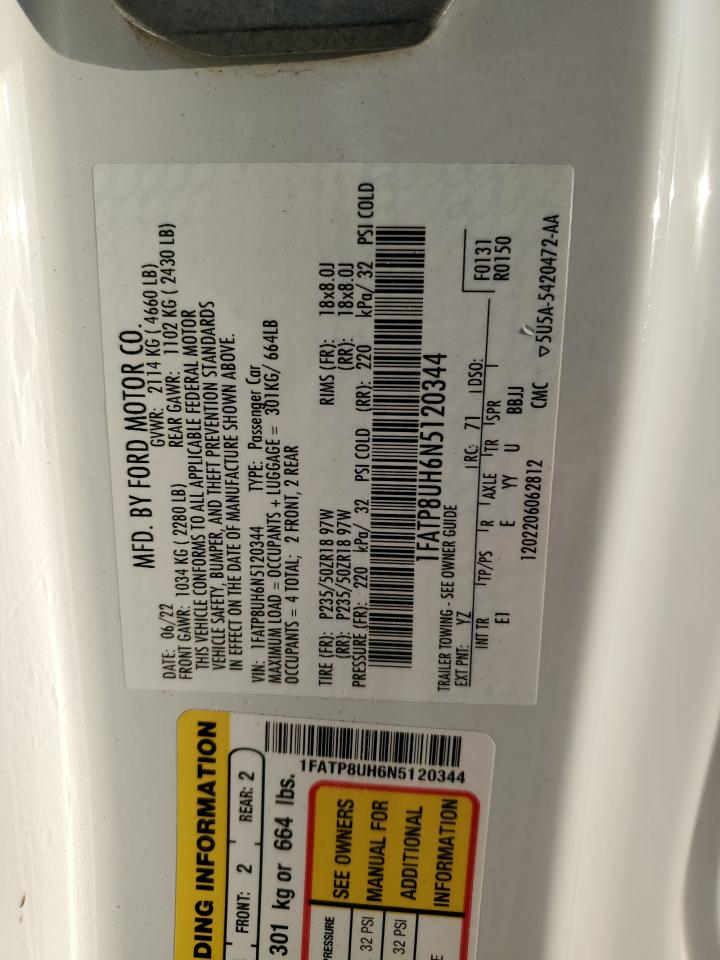 2022 FORD MUSTANG VIN:1FATP8UH6N5120344