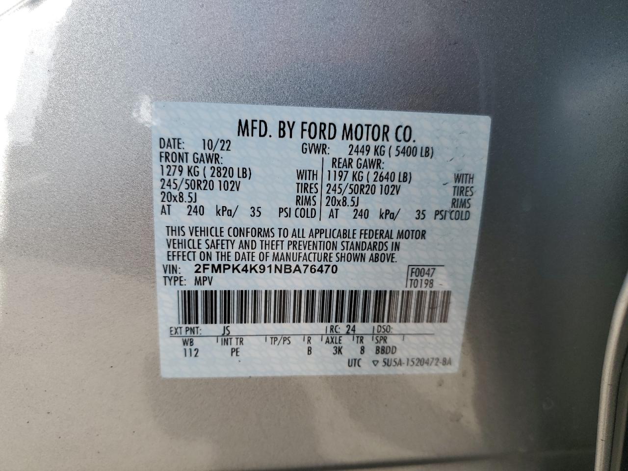 2022 FORD EDGE TITANIUM VIN:2FMPK4K91NBA76470
