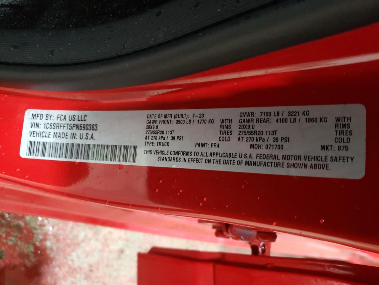 2023 RAM 1500 BIG HORN/LONE STAR VIN:1C6SRFFT5PN690383