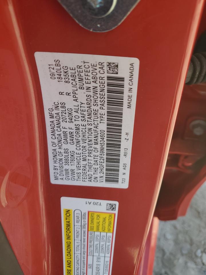 2022 HONDA CIVIC SPORT VIN:2HGFE2F59NH534600