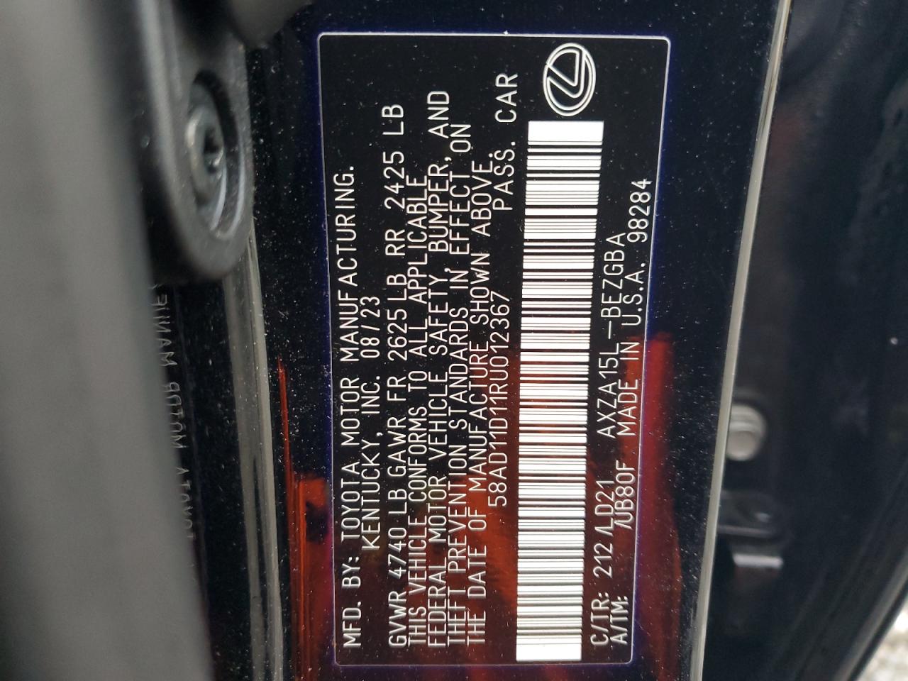 2024 LEXUS ES 250 BASE VIN:58AD11D11RU012367