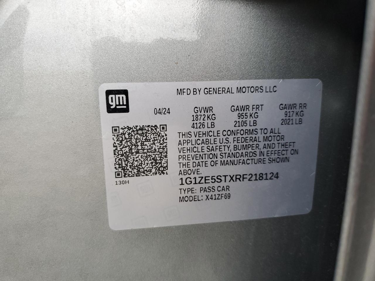 2024 CHEVROLET MALIBU PREMIER VIN:1G1ZE5STXRF218124