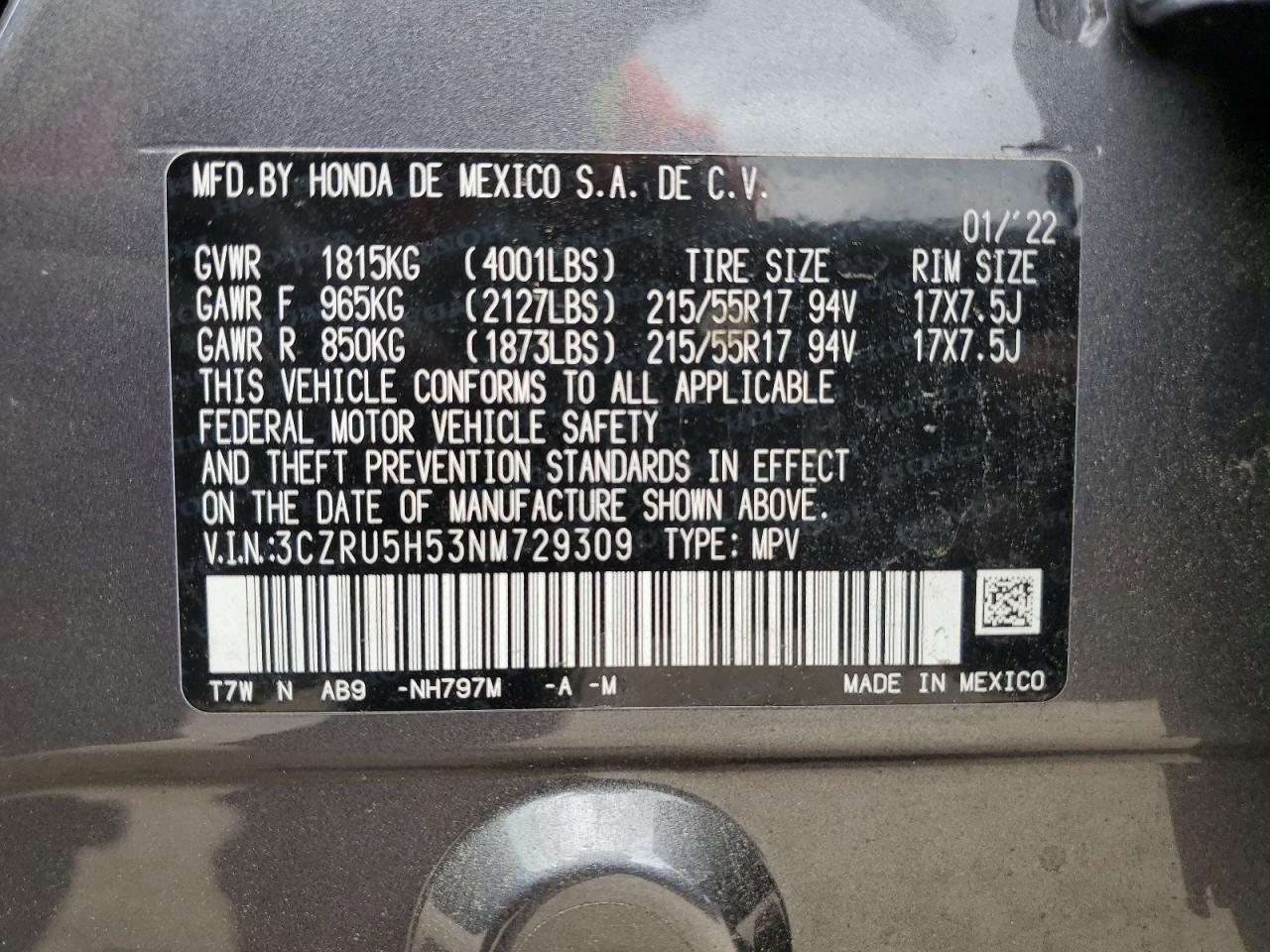 2022 HONDA HR-V EX VIN:3CZRU5H53NM729309