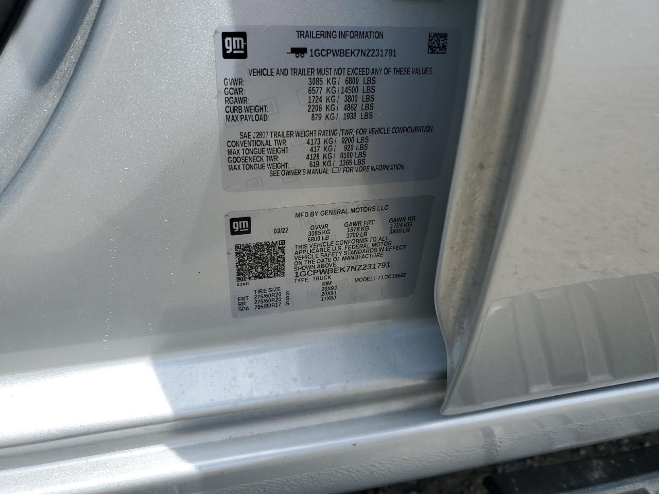 2022 CHEVROLET SILVERADO LTD C1500 CUSTOM VIN:1GCPWBEK7NZ231791