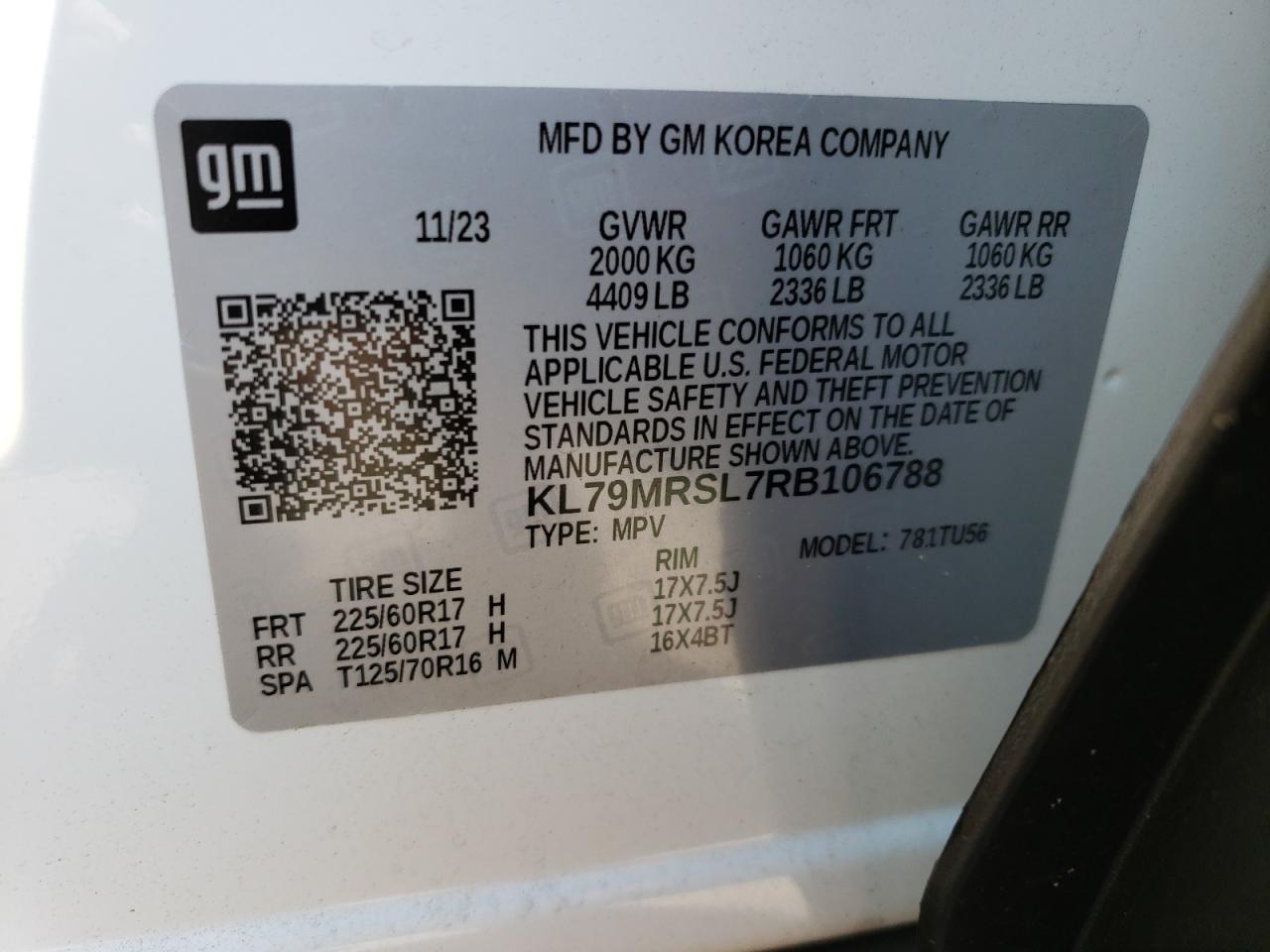 2024 CHEVROLET TRAILBLAZER LT VIN:KL79MRSL7RB106788