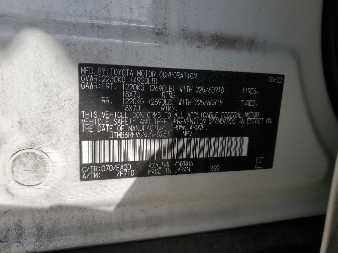 2022 TOYOTA RAV4 XLE PREMIUM VIN:JTMB6RFV5ND528261