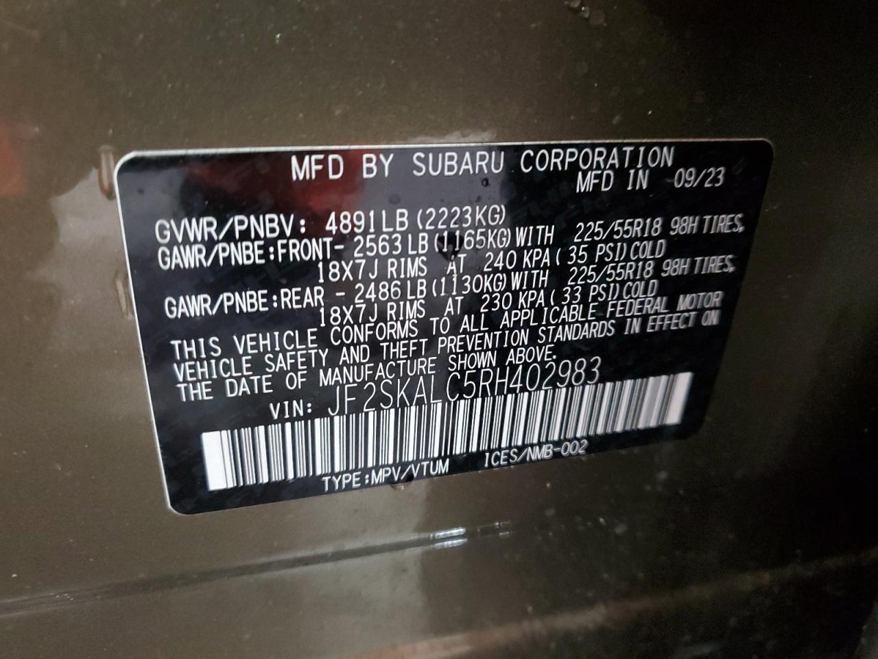 2024 SUBARU FORESTER LIMITED VIN:JF2SKALC5RH402983