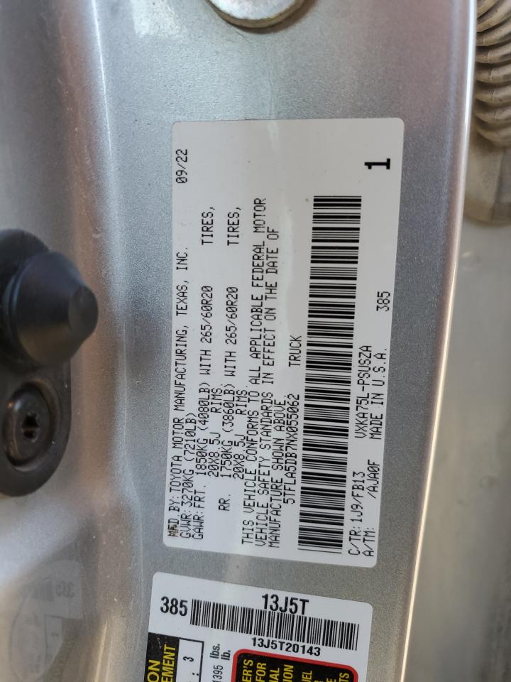 2022 TOYOTA TUNDRA CREWMAX SR VIN:5TFLA5DB7NX055062