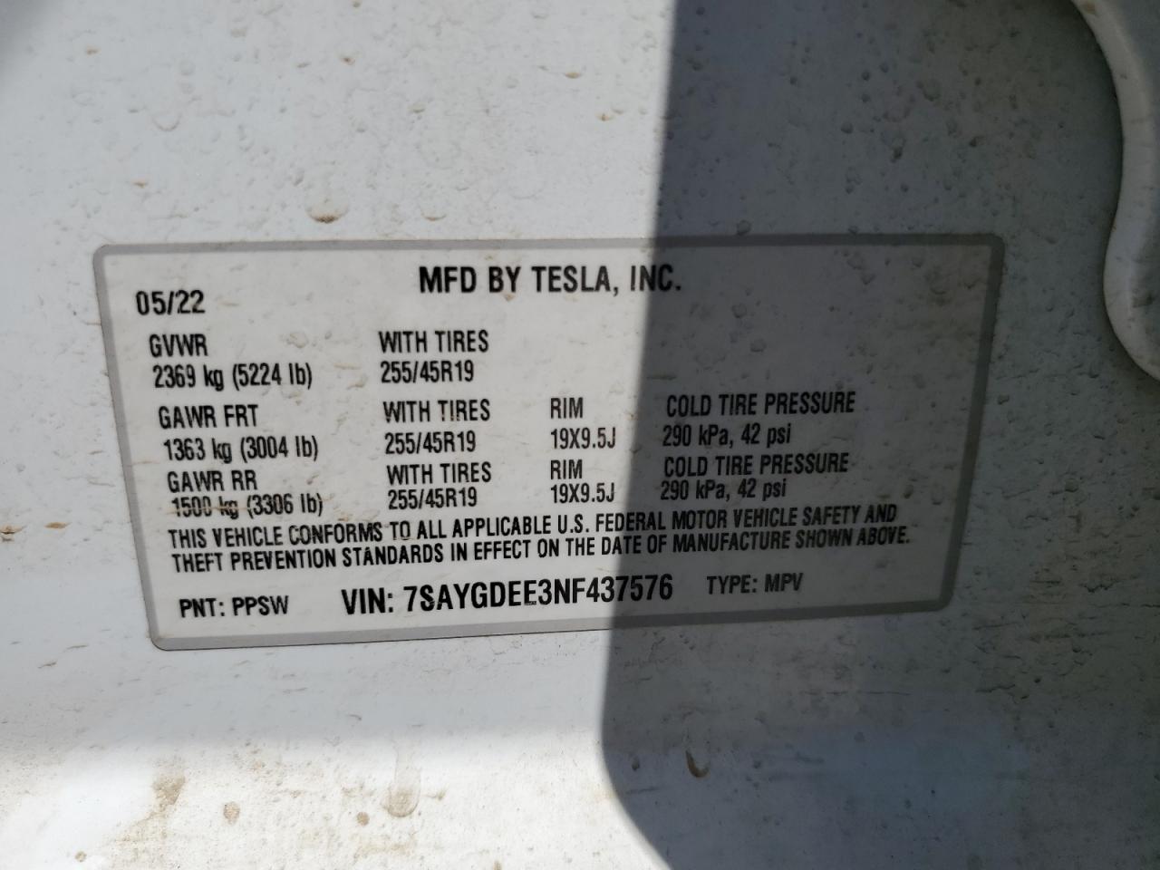 2022 TESLA MODEL Y VIN:7SAYGDEE3NF437576